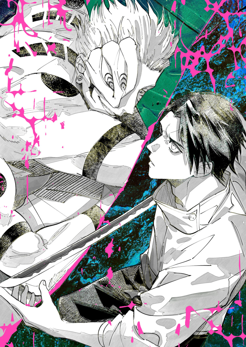 2boys bags_under_eyes blue_background chest_tattoo ear_piercing extra_arms extra_eyes fighting_stance green_background greyscale_with_colored_background grin highres jacket jujutsu_kaisen jujutsu_tech_uniform katana male_focus multiple_boys okkotsu_yuuta pants piercing ryoumen_sukuna_(jujutsu_kaisen) s_o_i school_uniform short_hair smile sword tattoo teeth v-shaped_eyebrows weapon