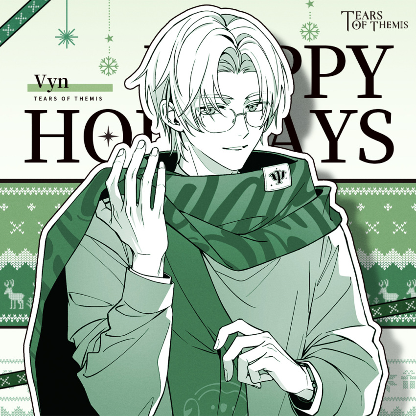 1boy character_name copyright_name glasses green_background green_theme hand_up long_sleeves looking_at_viewer male_focus official_art outline parted_bangs parted_lips scarf shirt smile solo tears_of_themis thick_eyebrows vyn_richter_(tears_of_themis) white_outline