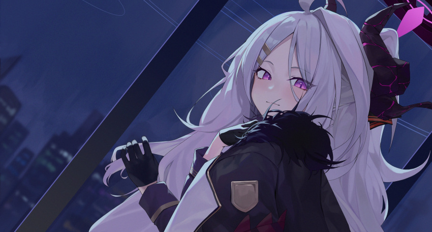 1girl absurdres bburi black_coat black_gloves black_horns blue_archive blush closed_mouth coat coat_on_shoulders demon_horns fur-trimmed_coat fur_trim gloves grey_hair halo highres hina_(blue_archive) horns long_hair long_sleeves looking_at_viewer multiple_horns purple_eyes solo upper_body