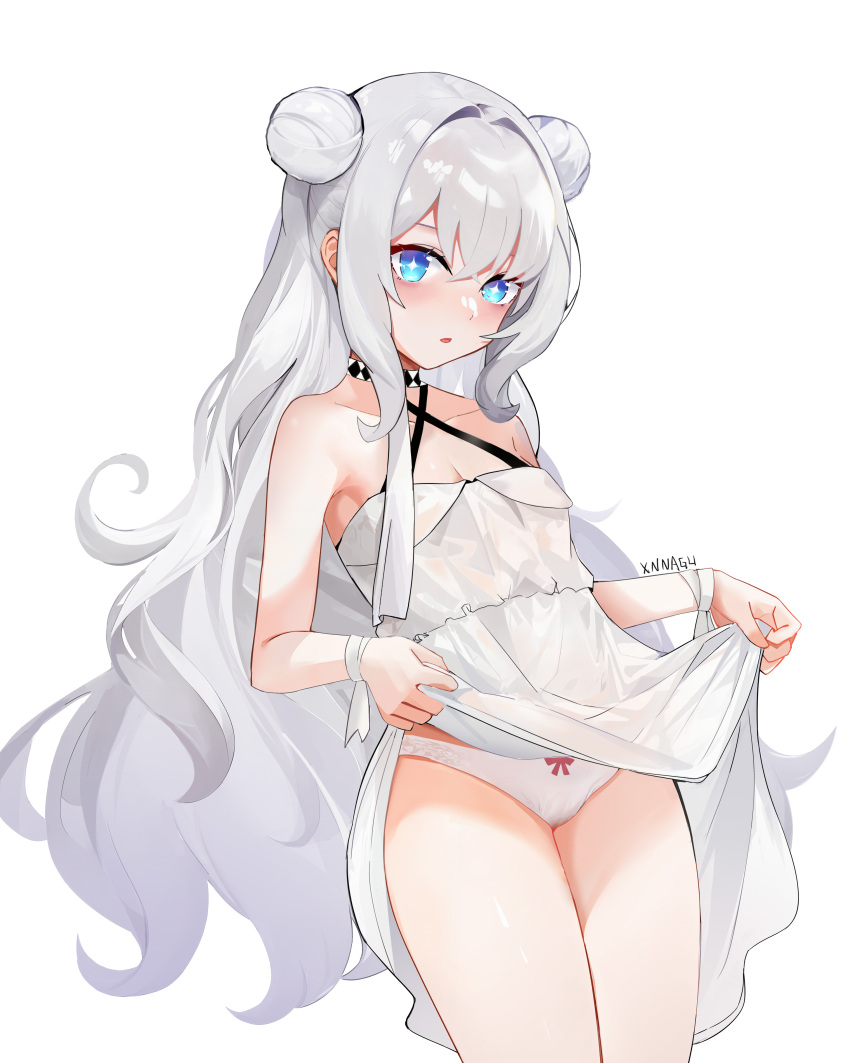 1girl absurdres artist_name azur_lane bags_under_eyes bare_legs bare_shoulders blush bow bow_panties breasts cameltoe chinese_commentary choker cleavage clothes_lift collarbone commentary_request criss-cross_halter cross-shaped_pupils crossed_bangs double_bun dress dress_lift grey_hair hair_between_eyes hair_bun halterneck highres le_malin_(azur_lane) le_malin_(sleepy_sunday)_(azur_lane) lifted_by_self looking_at_viewer official_alternate_costume panties parted_lips red_bow ribbon signature simple_background small_breasts solo symbol-shaped_pupils syngeloussier thighs underwear white_background white_dress white_panties white_ribbon wrist_ribbon