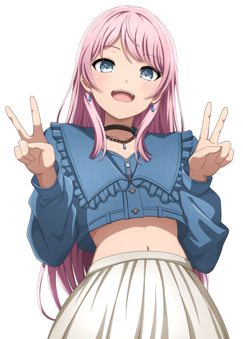 1girl :d absurdres bang_dream! bang_dream!_it's_mygo!!!!! blue_eyes blue_jacket blush buttons chain_necklace chihaya_anon collarbone commentary_request cowboy_shot crop_top double_v earrings fang frilled_jacket frills hands_up high-waist_skirt highres jacket jewelry long_hair long_sleeves looking_at_viewer midriff navel necklace noshimurin open_mouth pendant pink_hair pleated_skirt sidelocks simple_background skirt smile solo standing stomach swept_bangs teeth upper_teeth_only v very_long_hair white_background white_skirt zipper zipper_pull_tab