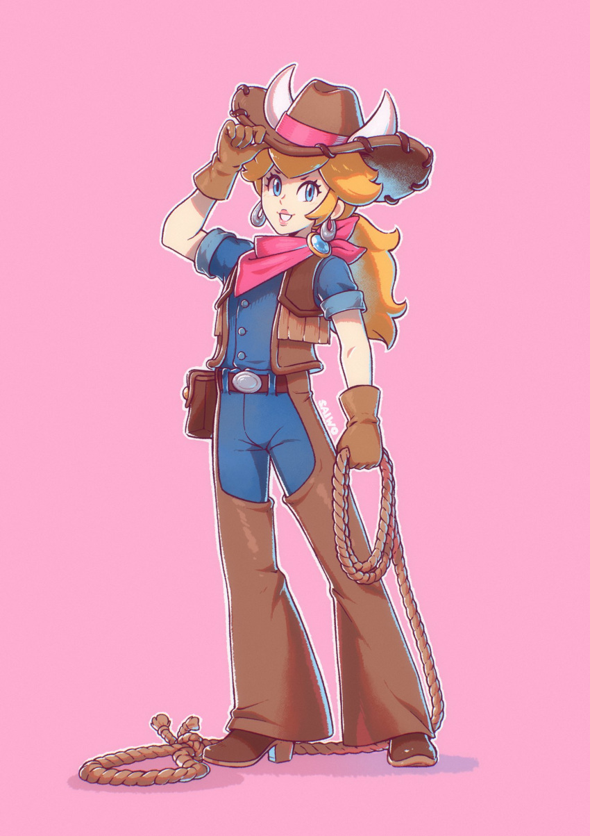 1girl adjusting_clothes adjusting_headwear belt blonde_hair chaps cowboy_hat cowgirl_(western) cowgirl_peach eyelashes fake_horns gloves hat highres horned_headwear horns lasso looking_at_viewer mario_(series) official_alternate_costume pink_background ponytail princess_peach princess_peach:_showtime! saiwo_(saiwoproject) scarf simple_background solo