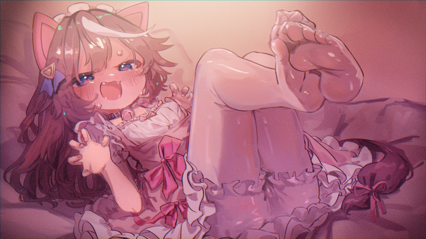 1girl absurdres animal_ears bell bloomers blue_eyes blush bow brown_hair claw_pose commentary_request dress fangs feet feng_feng_(yopokaede) hair_between_eyes hands_up highres horse_tail jingle_bell legs looking_at_viewer lying multicolored_hair neck_bell no_shoes nose_blush on_back open_mouth pantyhose pillow pink_bow pink_dress puffy_short_sleeves puffy_sleeves short_sleeves soles solo streaked_hair tail tokai_teio_(umamusume) umamusume white_bloomers white_hair white_pantyhose