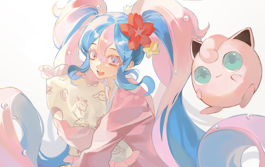 1girl absurdly_long_hair blue_eyes blue_hair colored_eyelashes commentary curly_hair fairy_miku_(project_voltage) flower hair_flower hair_ornament hatsune_miku highres holding holding_pillow jigglypuff lee0124 long_hair long_sleeves looking_at_viewer multicolored_eyes multicolored_hair open_mouth pillow pink_eyes pink_hair pink_shirt pokemon project_voltage red_flower shirt sidelocks simple_background smile twintails two-tone_hair upper_body very_long_hair vocaloid white_background yellow_flower