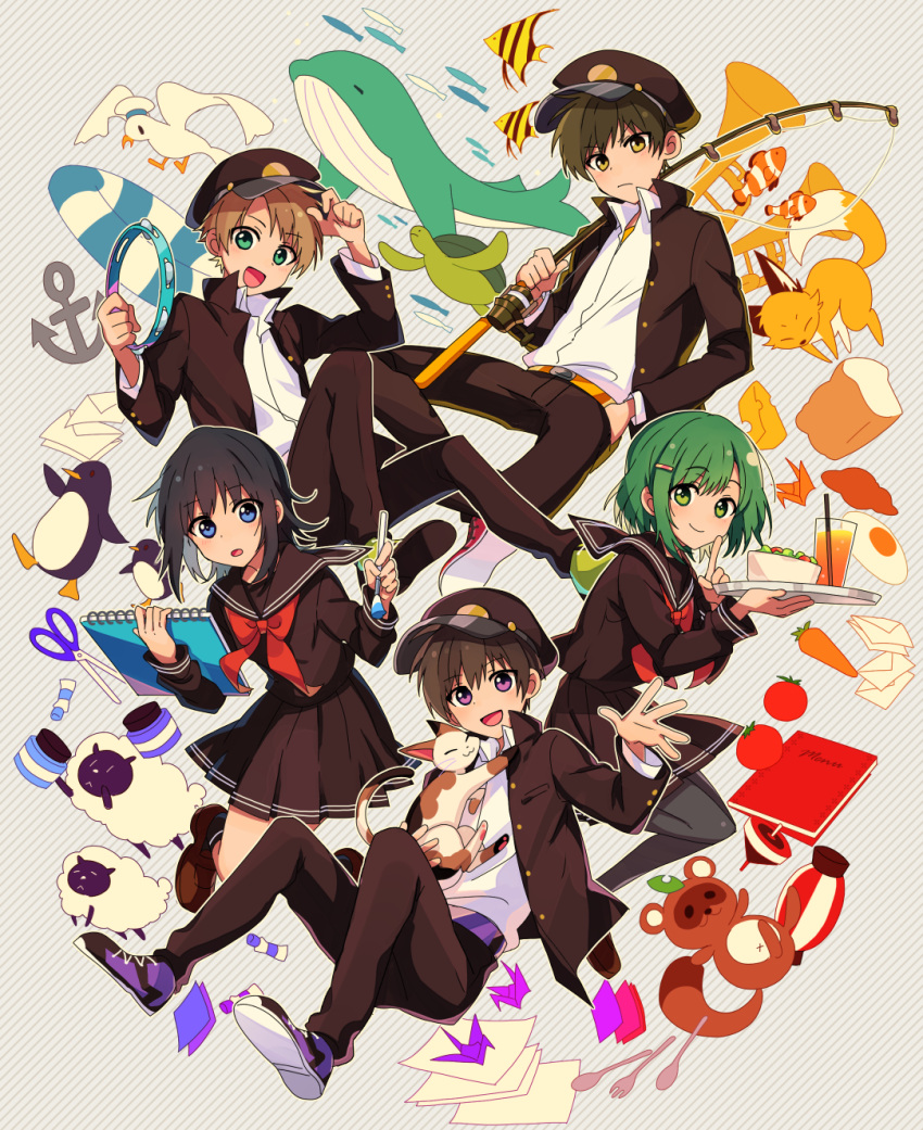 2girls 3boys :d :o anchor animal arisa_(aren) arm_up belt bird black_hair black_headwear black_jacket black_pants black_pantyhose black_sailor_collar black_serafuku black_shirt black_skirt blouse blue_eyes bread brown_cat brown_footwear brown_hair buttoned_cuffs buttons carrot cat cheese closed_mouth collared_jacket collared_shirt commentary_request cup drink drinking_glass drinking_straw envelope expressionless fish fishing_rod food fork fox fried_egg gakuran glue green_eyes green_footwear green_hair grey_background hair_ornament hairclip hand_in_pocket hand_up hat highres holding holding_animal holding_cat holding_fishing_rod holding_notebook holding_plate index_finger_raised instrument jacket juice long_sleeves looking_at_viewer medium_hair multiple_boys multiple_girls neckerchief notebook open_clothes open_collar open_jacket open_mouth orange_belt orange_juice origami original pants pantyhose paper paper_crane penguin plate pleated_skirt purple_belt purple_eyes red_footwear red_neckerchief sailor_collar sailor_hat school_uniform scissors seagull serafuku sheep shirt shoe_soles shoes short_hair skirt smile sneakers spoon sticky_note tambourine tomato trumpet unbuttoned waving whale white_shirt yellow_eyes
