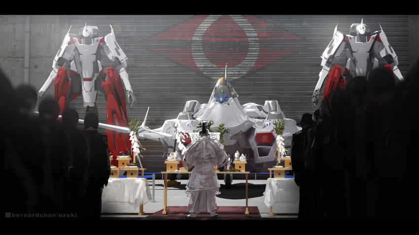 3d absurdres battroid blender_(medium) ceremony concept_art drone emblem english_commentary fake_screenshot hat highres japanese_clothes machinery macross macross_delta macross_frontier mecha multiple_boys n.u.n.s. original photoshop_(medium) realistic robot roundel science_fiction signature uzuki_(uzukinokaze) variable_fighter