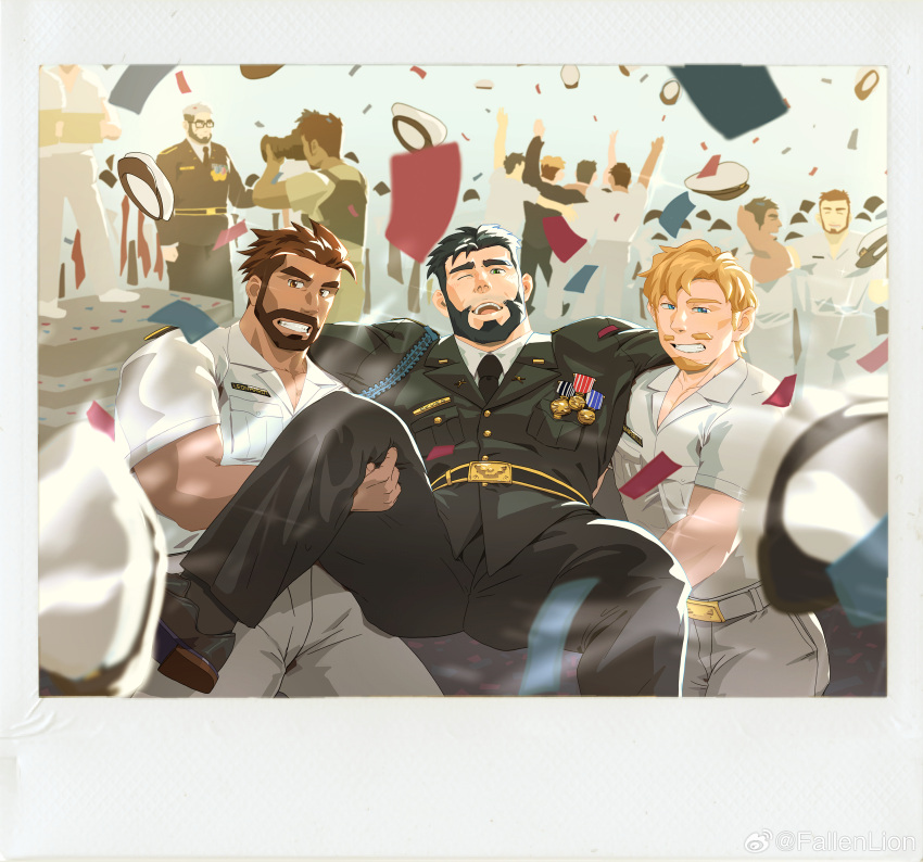 6+boys absurdres bara beard black_hair cameo carrying carrying_person celebration character_request confetti crossover dark-skinned_male dark_skin facial_hair fallen_sanctuary_(fallenlion) feet_out_of_frame full_beard glasses grey_hair grin hidden_hero_(o2h) highres lifting_person looking_at_viewer male_focus mature_male multicolored_hair multiple_boys muscular muscular_male mustache_stubble o2h_(oblivionh) old old_man one_eye_closed pencil_mustache pilot_uniform scar scar_on_cheek scar_on_face scratching_head second-party_source short_hair smile stubble taking_picture thick_beard thick_eyebrows throwing_hat two-tone_hair yaoi