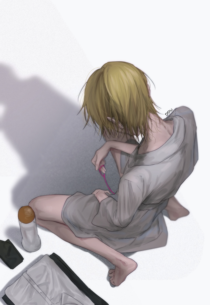 1boy artist_name barefoot blonde_hair bottle commentary_request folded_clothes highres kamiki_hikaru korean_commentary long_sleeves male_focus oshi_no_ko sex_toy sex_toy_pull shadow shirt short_hair simple_background sitting solo wariza white_background white_shirt yubto_45