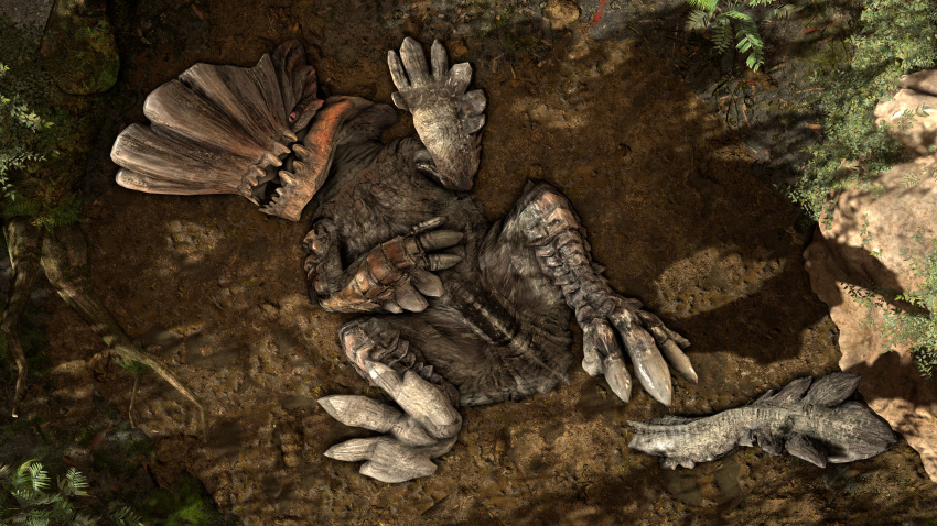 16:9 2021 3d_(artwork) 4k absurd_res ambiguous_gender barroth brown_body brown_scales brute_wyvern capcom claws detailed_background digital_media_(artwork) dinosaur feral hi_res ivorylagiacrus looking_at_viewer looking_up looking_up_at_viewer lying monster_hunter mud mud_bath mud_covered mud_puddle on_back on_ground open_mouth outside plant pupils raised_hand red_eyes reptile scales scalie slit_pupils solo source_filmmaker spread_legs spreading tail teeth tongue widescreen