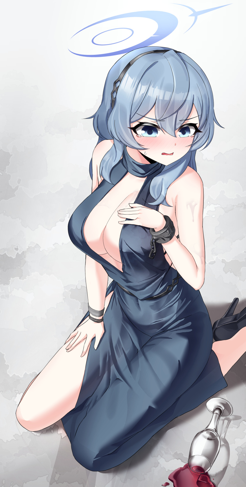 1girl absurdres ako_(blue_archive) ako_(dress)_(blue_archive) alcohol black_footwear black_hairband blue_archive blue_dress blue_eyes blue_hair blue_halo breasts cleavage cup dress drinking_glass hair_between_eyes hairband halo highres large_breasts medium_hair shoes sitting sleeveless sleeveless_dress solo tears thighs tist wine wine_glass