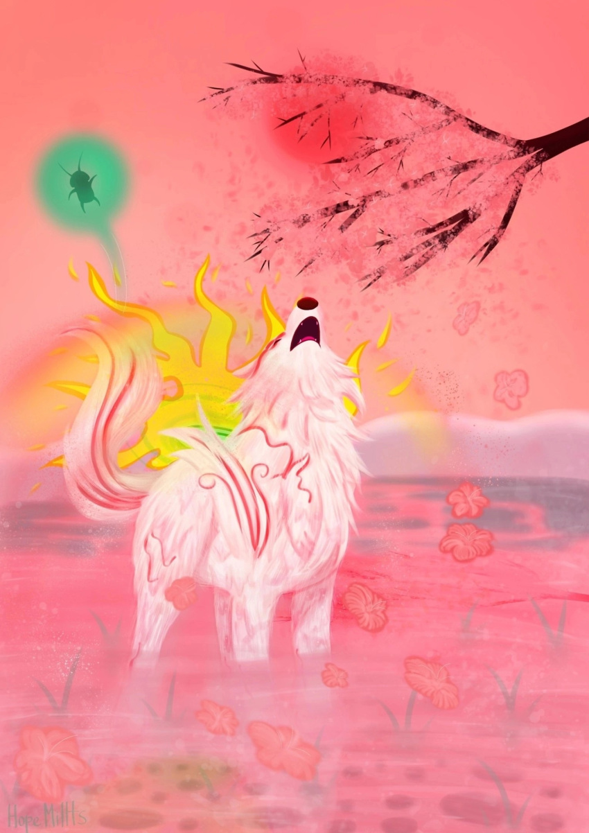 amaterasu_(okami) canid canine canis capcom cherry_blossom feral flower hi_res hopemillts howl light male mammal okami_(capcom) pink_flower plant solo sun sunlight wolf