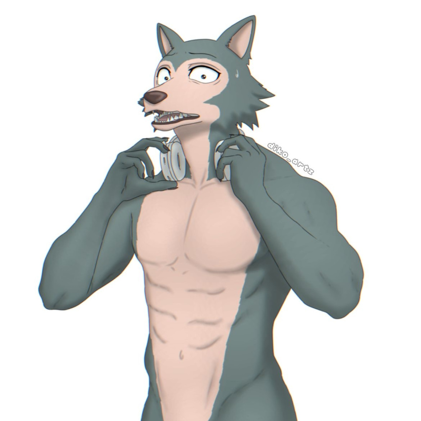 abs anthro beastars bodily_fluids canid canine canis diko_artz electronics headphones headphones_around_neck legoshi_(beastars) looking_at_viewer male mammal muscular muscular_male pecs solo sweat sweatdrop wolf