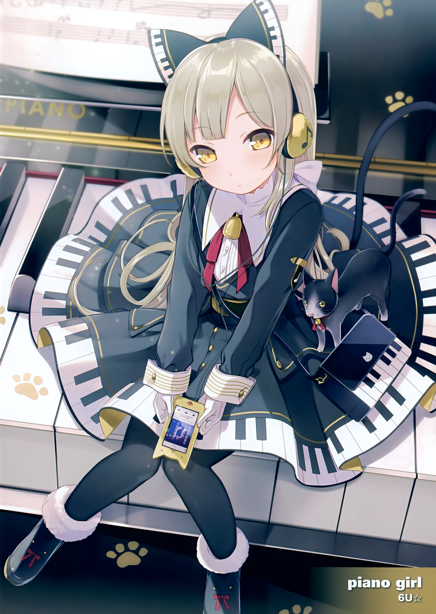 6u_(eternal_land) :&lt; absurdres artist_name bag bell blonde_hair boots bow cat cat_tail cellphone dress eighth_note english fur_trim gloves hair_bow handbag headphones highres holding instrument jingle_bell knees_together_feet_apart long_hair musical_note original pantyhose paw_print phone piano piano_keys piano_print scan sheet_music sitting smartphone solo tail very_long_hair white_gloves wrist_cuffs yellow_eyes