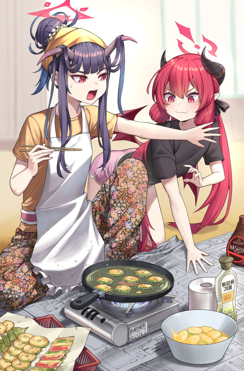 2girls :3 absurdres annoyed apron bandana black_horns black_ribbon black_shirt blue_archive blunt_bangs blunt_tresses bottle casual chocolate_syrup chopsticks closed_mouth demon_horns dolphin_shorts floral_print frying_pan full_body fuuka_(blue_archive) hair_bun halo highres holding holding_chopsticks horns junko_(blue_archive) kneeling looking_at_another multiple_girls open_mouth pants pink_shorts police_riot_(artist) portable_stove print_pants purple_hair red_eyes red_hair ribbon saliva shirt short_sleeves shorts sidelocks single_hair_bun sitting sweat toilet_paper white_apron yellow_bandana yellow_shirt