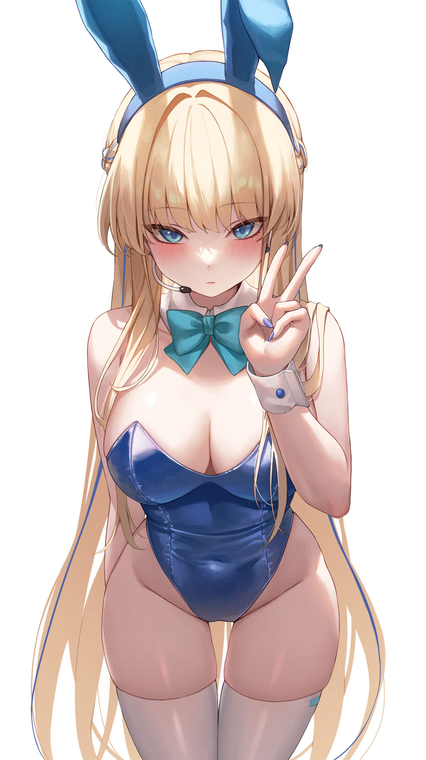 1girl absurdres ame_816 animal_ears blonde_hair blue_archive blue_bow blue_bowtie blue_eyes blue_hair blue_leotard blue_nails blush bow bowtie braid breasts cleavage closed_mouth detached_collar earpiece fake_animal_ears fingernails groin highres leotard long_hair medium_breasts multicolored_hair nail_polish official_alternate_costume rabbit_ears simple_background solo strapless strapless_leotard streaked_hair thighhighs toki_(blue_archive) toki_(bunny)_(blue_archive) white_background white_thighhighs wrist_cuffs