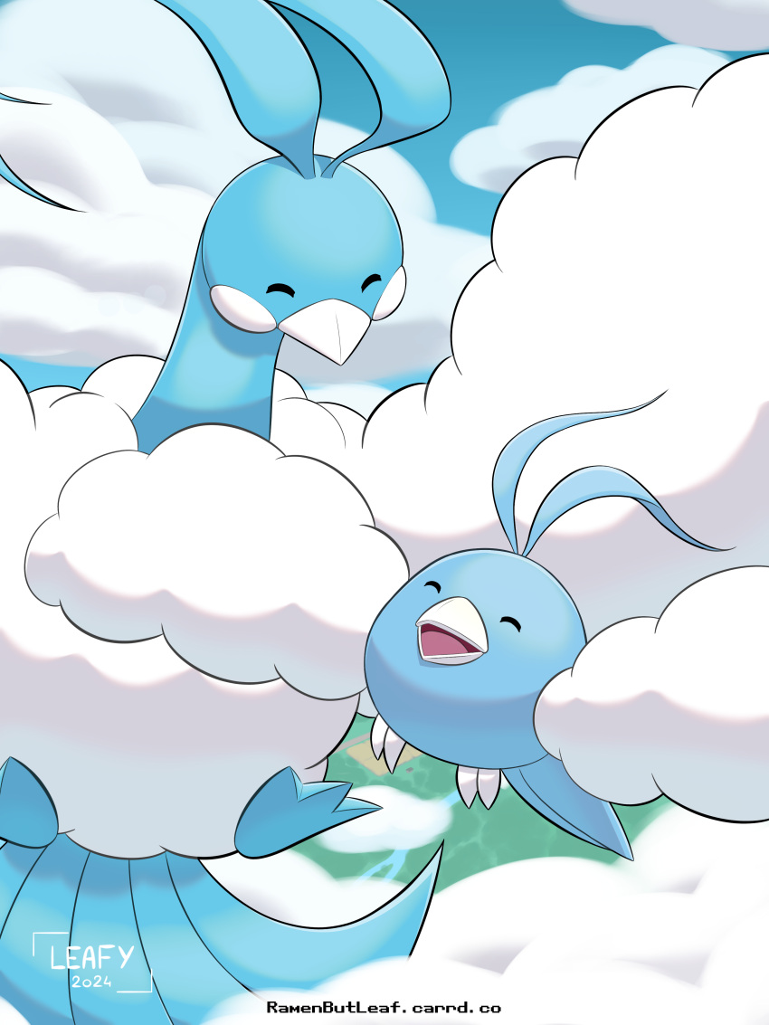 ^_^ absurdres antenna_hair bird closed_eyes cloud commentary dated day evolutionary_line fluffy flying highres open_mouth outdoors pokemon ramen_(ramenbutleaf) signature smile swablu web_address