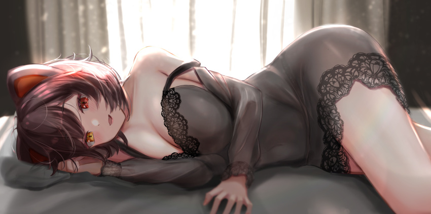 1girl absurdres animal_ears bed breasts brown_hair curtains dog_ears dress grey_dress heterochromia highres inui_toko large_breasts long_sleeves looking_at_viewer lying nightgown nijisanji off-shoulder_dress off_shoulder on_bed on_side open_mouth red_eyes short_dress short_hair smile solo strap_slip takoyaki_ki virtual_youtuber window yellow_eyes