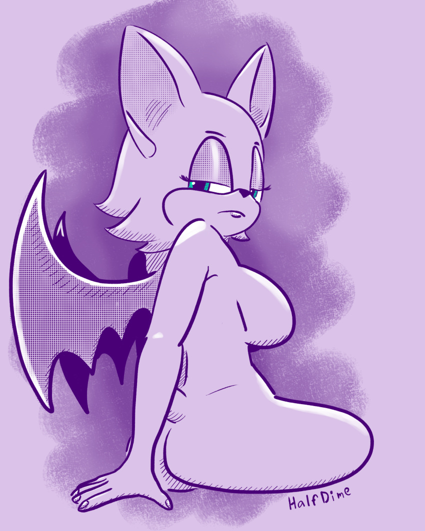 absurd_res anthro bat big_breasts big_ears black_nose breasts butt eyelashes eyeshadow female half_dime hi_res makeup mammal rouge_the_bat sega sitting solo sonic_the_hedgehog_(series) tail teal_eyes wings