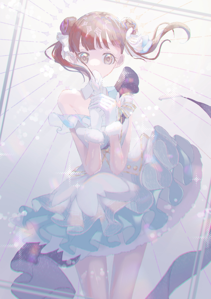1girl beyond_the_bluesky_(idolmaster) covered_mouth detached_collar double_bun dress feathers floating_hair fur-trimmed_gloves fur_trim gloves hair_bun highres holding holding_feather idolmaster idolmaster_shiny_colors layered_dress looking_at_viewer own_hands_together shiratani_kokoha single_bare_shoulder solo sonoda_chiyoko twintails white_gloves