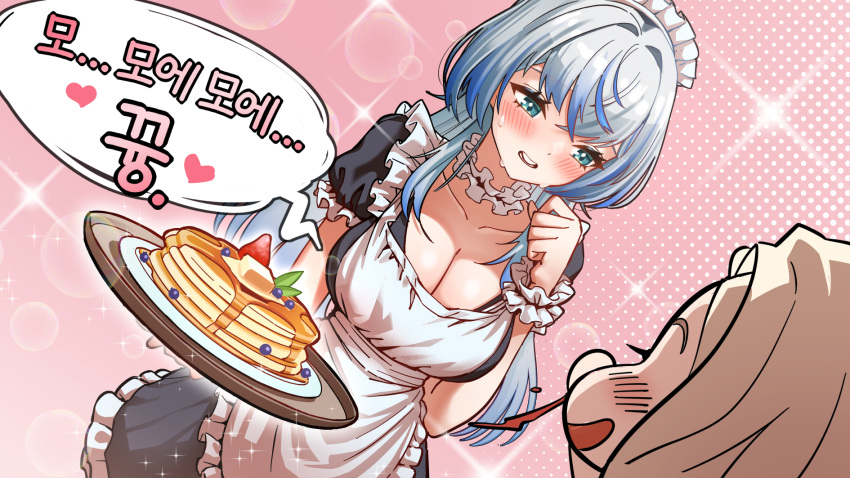 apron black_dress blonde_hair blue_eyes blue_hair blueberry breasts butter cleavage collarbone dress food frilled_apron frilled_dress frills fruit gotica grey_hair highres holding holding_tray large_breasts lee_rein long_hair maid maid_apron maid_headdress maple_syrup multicolored_hair pancake pancake_stack plate scrunchie sparkle speech_bubble strawberry streaked_hair sweat translation_request tray vlyz white_apron white_scrunchie wrist_scrunchie yun_eze