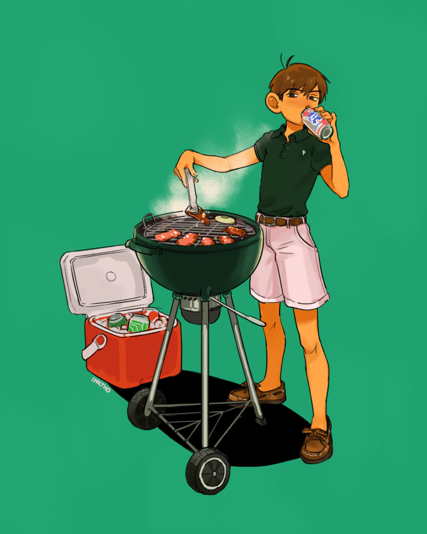 1boy absurdres artist_name beer_can brown_footwear brown_hair can chilchuck_tims cooking cooler drink_can dungeon_meshi food full_body green_background green_shirt grill grilling highres holding holding_can holding_tongs katy_ho male_focus meat pabst_blue_ribbon shadow shirt short_hair short_sleeves shorts solo tongs very_short_hair white_shorts