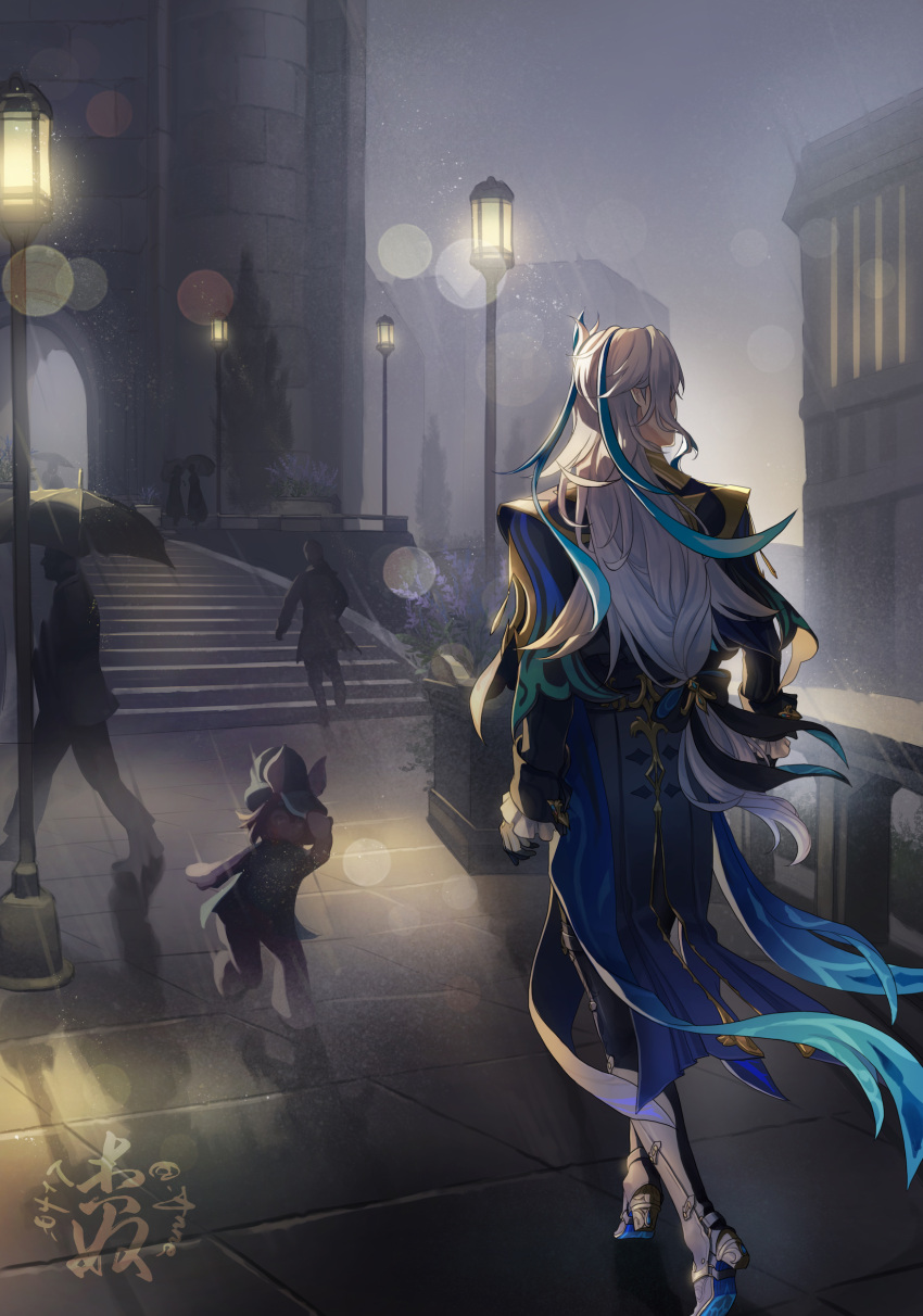 1boy absurdres anne_(anne_0417) arms_at_sides blue_coat boots coat genshin_impact gloves hat high_heel_boots high_heels highres holding holding_umbrella horns lamppost long_hair long_sleeves looking_afar low-tied_long_hair melusine_(genshin_impact) neuvillette_(genshin_impact) outdoors rain running silhouette stairs thigh_boots umbrella very_long_hair walking