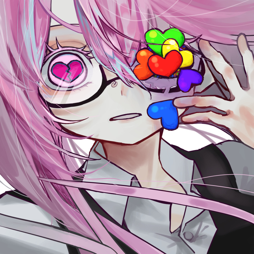 1girl bad_hands broken_heart coco_(tai_sekaiyou_mahou_shoujo_tsubame) frill_inferno glasses hair_between_eyes hand_up heart heart-shaped_pupils highres long_hair looking_at_viewer pink_eyes pink_hair shirt solo symbol-shaped_pupils tai_sekaiyou_mahou_shoujo_tsubame upper_body white_shirt