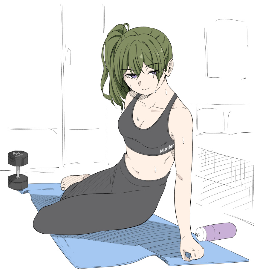 1girl absurdres bottle breasts cleavage grey_hair highres looking_at_viewer mangpum_(taro109210) midriff pants purple_hair side_ponytail solo sousou_no_frieren sports_bra ubel_(sousou_no_frieren) water_bottle weights yoga_mat yoga_pants