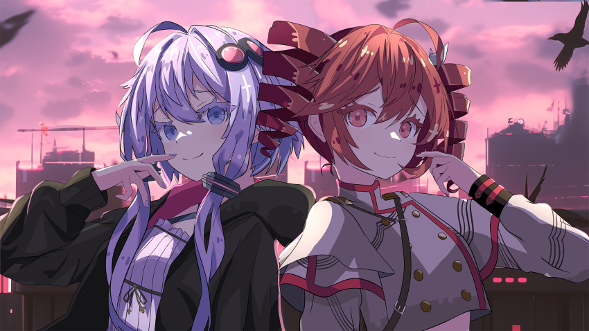 2girls ahoge bird black_jacket bow buttons closed_mouth cloud colored_eyelashes criss-cross_halter dress drill_hair grey_jacket hair_between_eyes hair_bow hair_ornament halterneck highres hood hood_down hooded_jacket jacket kasane_teto kasane_teto_(sv) long_sleeves looking_at_viewer midriff multiple_girls nail_polish open_clothes open_jacket outdoors pink_sky purple_dress purple_eyes purple_hair purple_nails red_eyes red_hair red_nails red_trim rokurororo2511 short_hair short_hair_with_long_locks shoulder_belt shoulder_boards sky smile staff_(music) sunset synthesizer_v turtleneck twin_drills utau vocaloid voiceroid white_bow yuzuki_yukari