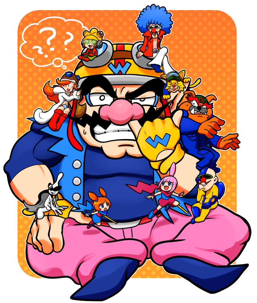 3girls 6+boys 9-volt alien ana_(warioware) black_cape blue_footwear blue_hair blue_shirt brown_hair cape cat cleft_chin clenched_teeth coat dog dr._crygor dribble_(warioware) facial_hair fingerless_gloves furry furry_male gloves goggles goggles_on_headwear helmet highres hoshi_(star-name2000) jacket jimmy_t kat_(warioware) long_hair looking_at_viewer mona_(warioware) multiple_boys multiple_girls mustache ninja open_mouth orange_hair orbulon pants pink_hair pink_pants red_footwear red_jacket scarf shirt sitting spitz sunglasses teeth thick_eyebrows wario warioware white_coat white_pants yellow_gloves