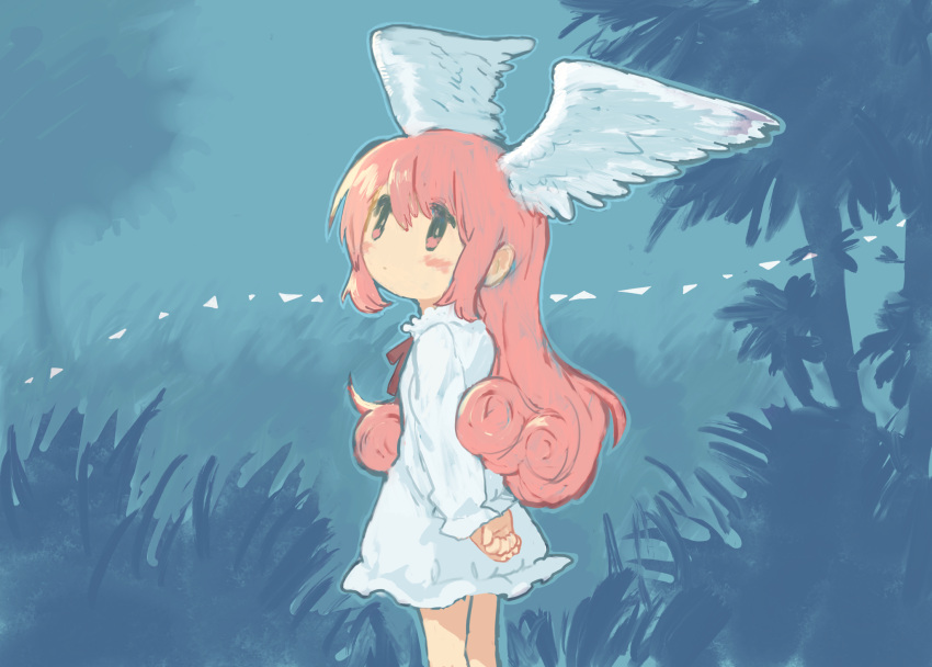1girl arms_behind_back blush closed_mouth dress frilled_dress frilled_sleeves frills head_wings highres kezuru long_sleeves looking_to_the_side neck_ribbon no_sclera original pink_eyes pink_hair red_ribbon ribbon short_hair solo standing tree white_dress white_wings wings