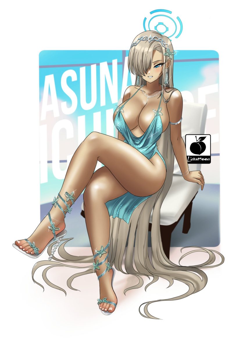 1girl alternate_costume armlet artist_logo artist_name asuna_(blue_archive) bare_legs blue_archive blue_eyes blue_halo blush breasts character_name collarbone commentary crossed_legs diffraction_spikes dress earrings eyelashes feet full_body grey_hair hair_over_one_eye halo highres jewelry large_breasts legs linkartoon long_hair nail_polish one_eye_covered outdoors revealing_clothes sandals short_dress sitting smile solo sparkle strappy_heels tan tiara toenail_polish toenails toes very_long_hair white_nails