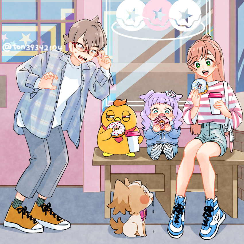 1boy 2girls adjusting_eyewear aqua_eyes bag bird blue_footwear bright_pupils carrying casual collared_shirt cup denim denim_shorts disposable_cup dog doughnut drooling eating ellee-chan food frown green_eyes grey_pants grey_shorts hair_bun half-closed_eyes handbag highres hirogaru_sky!_precure holding holding_cup holding_food in-franchise_crossover inukai_komugi_(dog) light_brown_hair long_sleeves looking_at_another mirage_pen multiple_girls nijigaoka_mashiro no_socks on_bench open_clothes open_mouth open_shirt orange_footwear pants pink_hair pink_shirt plaid plaid_shirt precure purple_hair red-framed_eyewear rimless_eyewear shirt shoes short_hair short_shorts shorts single_hair_bun sitting smile sneakers standing striped_clothes striped_shirt t-shirt ton_(ton39342104) toyama_satoru twitter_username two_side_up white_pupils white_shirt wonderful_precure! yuunagi_tsubasa_(bird)