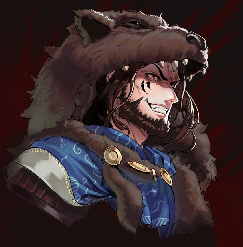 1boy animal_hood barbarian bear_hood bear_pelt beard brown_hair cloak close-up facial_hair facial_mark fur_cloak gemi_ningen grin highres hood male_focus original pathfinder red_eyes simple_background smile solo teeth