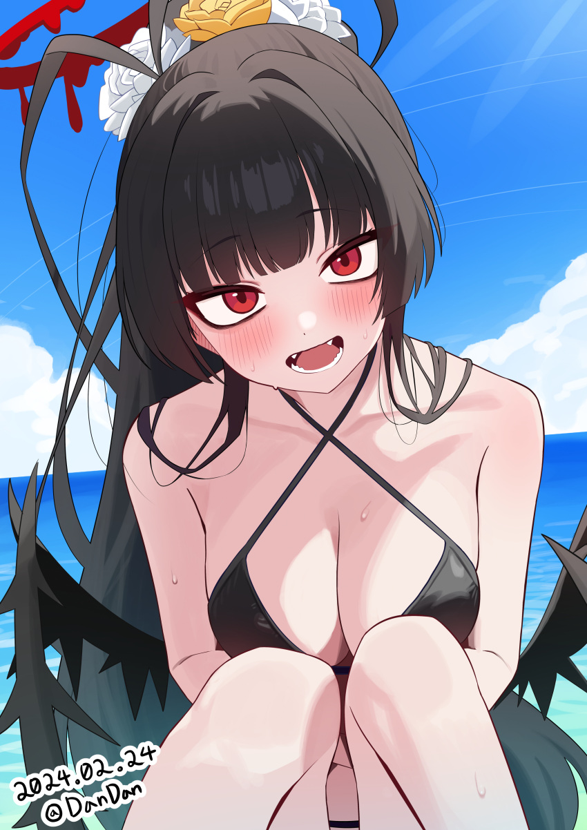 1girl absurdres antenna_hair bare_arms bare_legs bare_shoulders beach bikini black_bikini black_hair black_wings blue_archive blue_sky blush breasts cleavage cloud commentary dandan_(uaee4742) dated day halo halterneck highres large_breasts long_hair looking_at_viewer ocean official_alternate_costume open_mouth outdoors red_eyes red_halo sand sky solo swimsuit tsurugi_(blue_archive) tsurugi_(swimsuit)_(blue_archive) twitter_username water wings