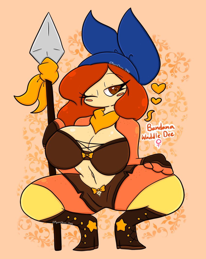 anthro bandana_waddle_dee bandanna bottomwear brown_eyes clothing female hi_res kerchief kirby's_return_to_dream_land kirby's_return_to_dream_land_deluxe kirby_(series) lewdchuu_(artist) melee_weapon mouthless nintendo orange_body polearm shorts solo spear topwear waddle_dee weapon