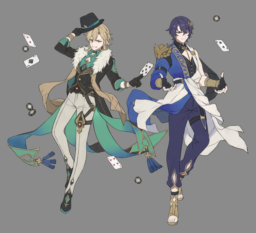 2boys arm_strap arm_up aventurine_(honkai:_star_rail) black_footwear black_gloves black_shirt blonde_hair blue_eyes blue_hair blue_pants blue_robe blue_shirt buttons card cleavage_cutout clothing_cutout collared_shirt dr._ratio_(honkai:_star_rail) fedora full_body gloves gold_footwear hat highres holding holding_clothes holding_hat honkai:_star_rail honkai_(series) laurels long_sleeves looking_at_viewer multiple_boys pants papajay_(jennygin2) playing_card poker_chip red_eyes robe sandals shirt shoes thigh_strap unworn_hat unworn_headwear white_robe