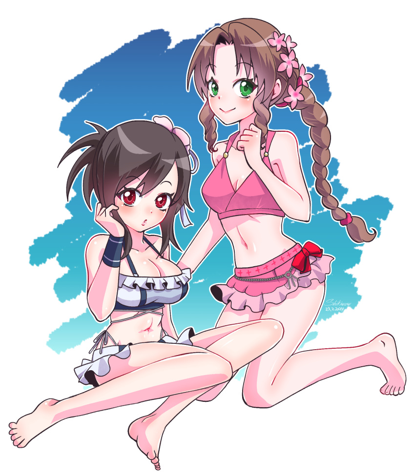 2girls :&gt; aerith_gainsborough bare_legs barefoot bikini bikini_skirt blonde_hair braid braided_ponytail breasts brown_hair commentary_request drill_hair final_fantasy final_fantasy_vii final_fantasy_vii_rebirth final_fantasy_vii_remake flower frilled_bikini frills hair_flower hair_ornament highres looking_at_viewer medium_breasts multiple_girls o3o official_alternate_costume official_alternate_hairstyle red_eyes shikiwo smile swimsuit tifa_lockhart twin_drills wristband