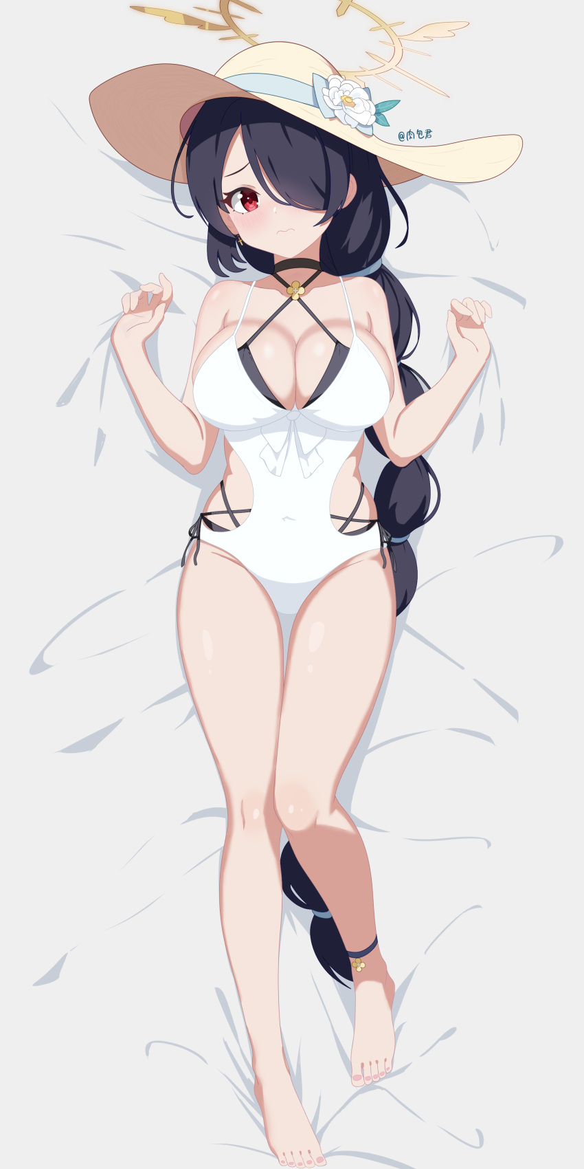 1girl absurdres artist_name baozi_9527 bare_arms bare_legs bare_shoulders barefoot bed_sheet black_hair blue_archive blush braid breasts brown_headwear closed_mouth hair_over_one_eye halo hat highres hinata_(blue_archive) hinata_(swimsuit)_(blue_archive) large_breasts long_hair looking_at_viewer official_alternate_costume one-piece_swimsuit red_eyes signature single_braid soles solo straw_hat swimsuit toes white_one-piece_swimsuit yellow_halo