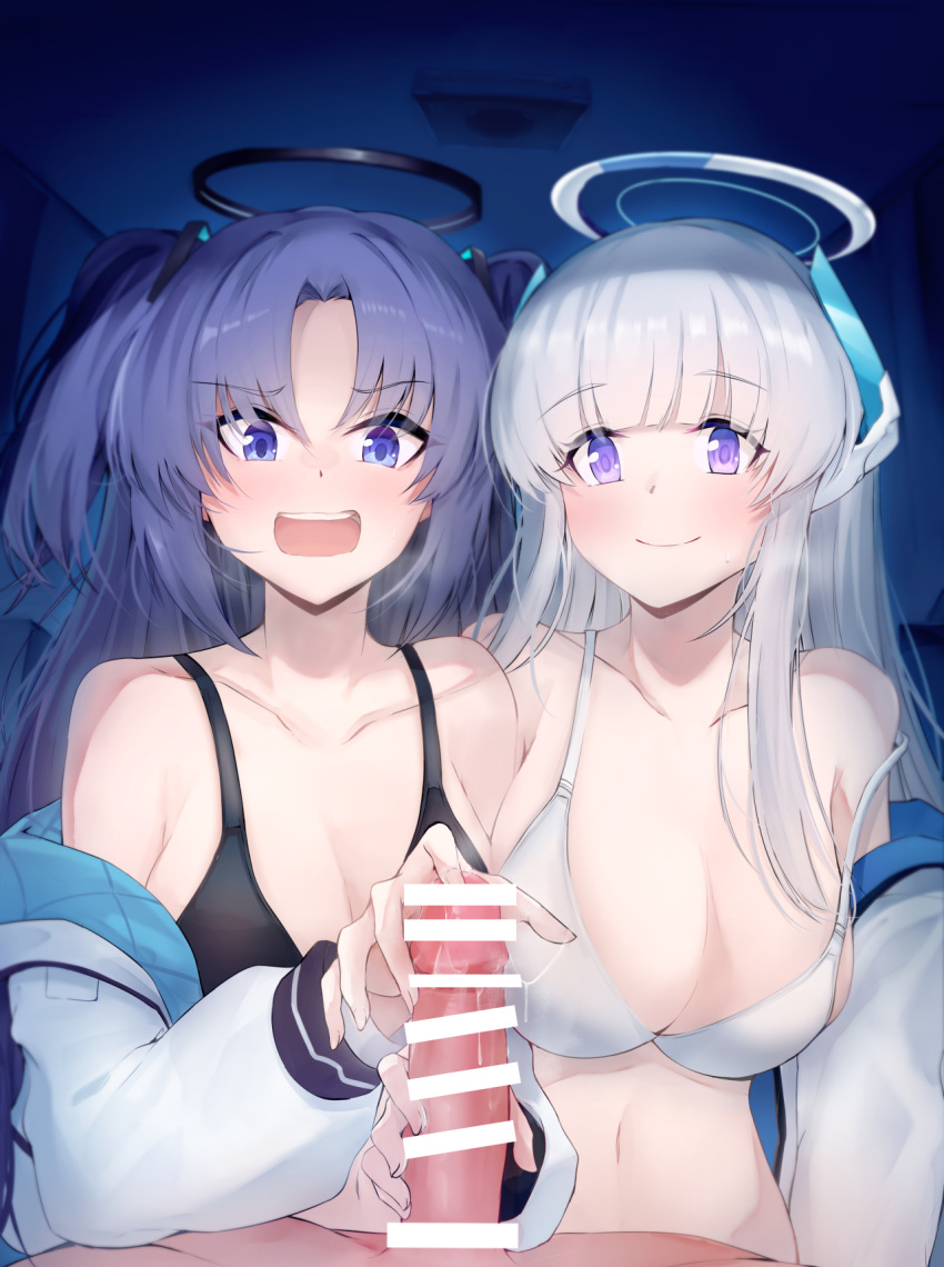 1boy 2girls bar_censor black_bra blue_archive blush bra breasts censored collarbone commentary_request grey_hair halo highres indoors jacket large_breasts long_hair long_sleeves looking_at_viewer mechanical_halo multiple_girls nakatokung navel noa_(blue_archive) open_clothes open_jacket open_mouth penis purple_eyes purple_hair two_side_up underwear white_bra white_jacket yuuka_(blue_archive)
