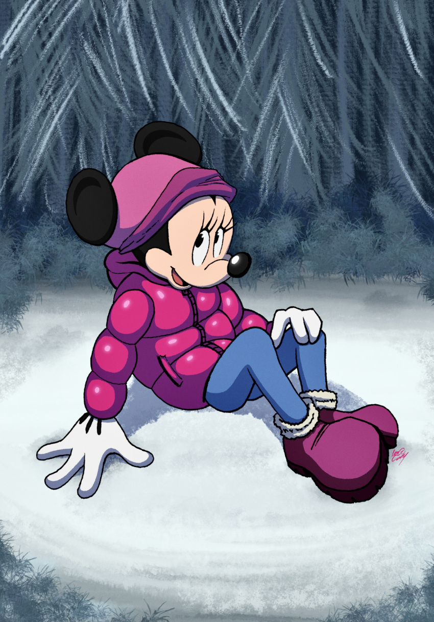 anthro boots clothed clothing coat digital_media_(artwork) disney eyelashes female footwear forest forest_background gloves handwear hat headgear headwear hi_res leogcady looking_at_viewer mammal minnie_mouse mouse murid murine nature nature_background open_mouth plant rodent sitting sitting_on_ground solo topwear tree watermark winter winter_clothing winter_coat