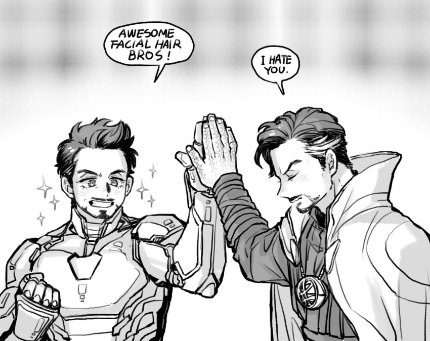 2boys animification arc_reactor arm_up armor avengers:_infinity_war avengers_(series) clenched_hand cloak closed_eyes closed_mouth commentary dishing doctor_strange english_text facial_hair fingernails full_armor gradient_background greyscale hand_up high_five iron_man jewelry long_sleeves looking_at_another male_focus marvel marvel_cinematic_universe monochrome multicolored_hair multiple_boys necklace power_armor shirt short_hair simple_background smile sparkle speech_bubble standing superhero symbol-only_commentary teeth tony_stark two-tone_hair v-shaped_eyebrows