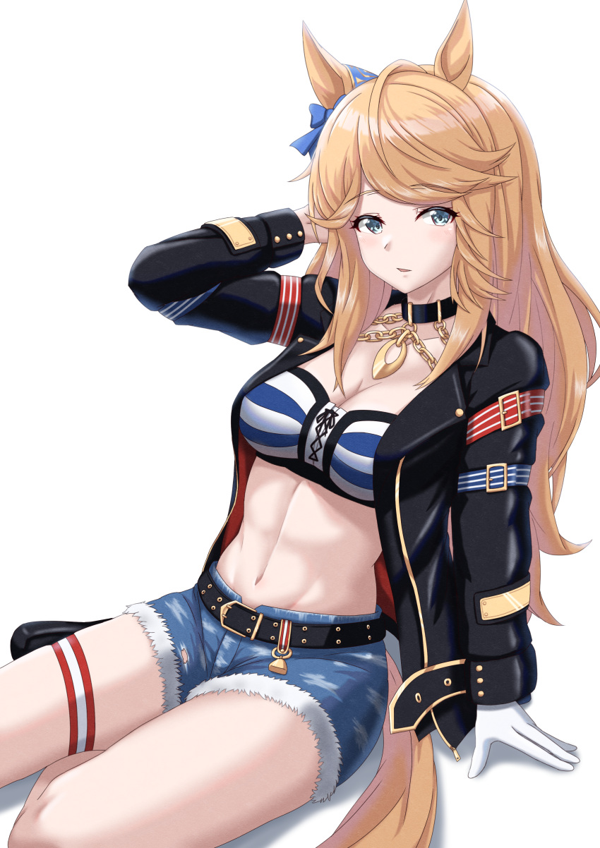1girl absurdres animal_ears arm_strap bandeau belt black_belt black_choker black_jacket blonde_hair blue_bow blue_eyes blush bow breasts chain choker cleavage commentary_request gold_city_(umamusume) grey_background hair_bow highres horse_ears jacket jacket_on_shoulders long_hair long_sleeves looking_at_viewer midori_mushi midriff navel open_clothes open_jacket parted_lips simple_background sitting solo stomach strapless striped_bandeau tube_top umamusume upper_body very_long_hair yokozuwari