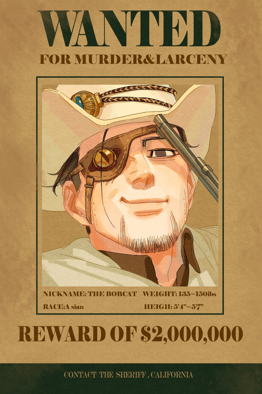 1boy alternate_universe brown_background brown_eyes brown_hair brown_shirt character_name chengongzi123 closed_mouth collared_shirt cowboy_hat cowboy_western english_commentary english_text eyepatch facial_hair goatee golden_kamuy gun hat highres looking_at_viewer male_focus ogata_hyakunosuke portrait revolver scar scar_on_cheek scar_on_face shirt short_hair smirk solo very_short_hair wanted weapon