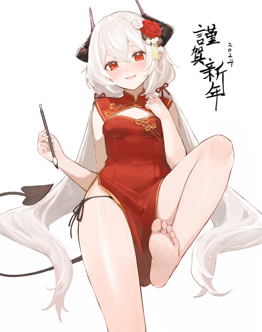 1girl 2024 absurdres barefoot black_horns black_panties blush breasts china_dress chinese_clothes commentary_request demon_tail dress feet flower foot_focus grey_hair hair_flower hair_ornament hand_up highres holding holding_brush horns legs long_hair looking_at_viewer low_twintails open_mouth original panties pelvic_curtain pointy_ears red_dress red_eyes red_flower red_ribbon red_rose ribbon rose shino_(shinotsuki3423) side-tie_panties simple_background sleeveless sleeveless_dress small_breasts smile soles solo tail thighs toes twintails underwear white_background