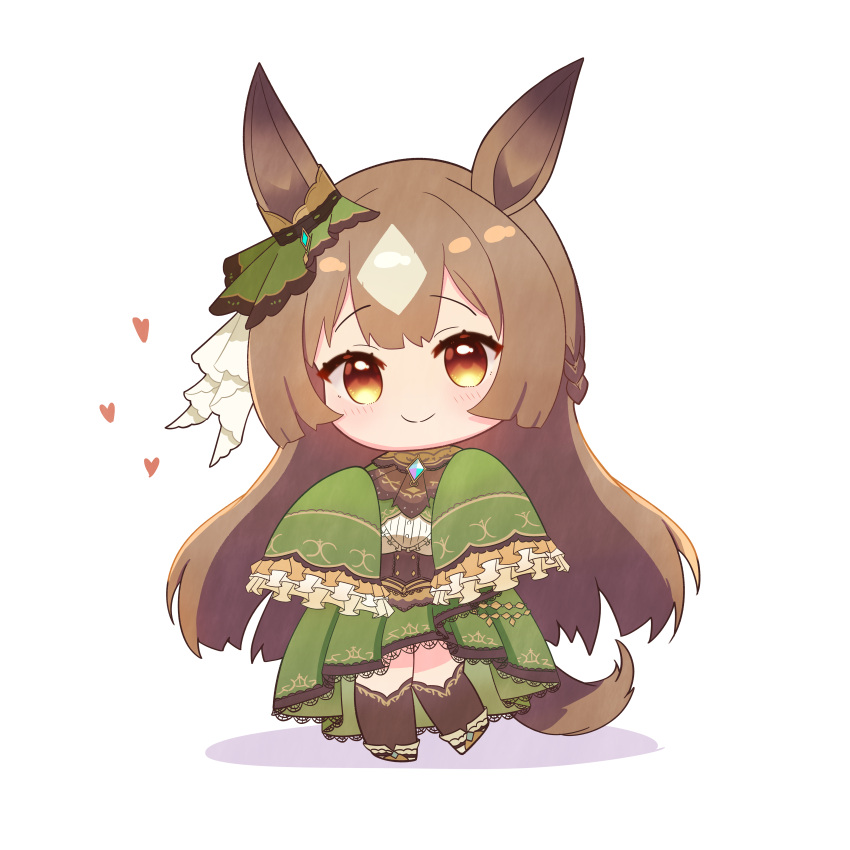 1girl absurdres animal_ears black_thighhighs blush braid brown_eyes brown_hair chibi closed_mouth commentary cropped_jacket ear_ornament french_braid frilled_sleeves frills green_jacket green_skirt half_updo heart high-low_skirt highres hmpn12 horse_ears horse_girl horse_tail jacket long_hair long_skirt long_sleeves looking_at_viewer multicolored_hair satono_diamond_(umamusume) shirt skirt sleeves_past_fingers sleeves_past_wrists smile solo streaked_hair tail thighhighs umamusume underbust white_shirt