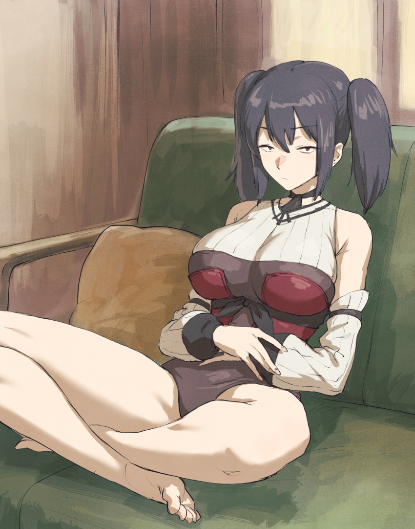 1girl bare_legs barefoot black_hair breasts closed_mouth commentary_request constricted_pupils couch detached_sleeves empire_waist frown fujii_eishun hands_on_own_stomach highres indian_style indoors large_breasts leotard long_sleeves looking_at_viewer margaret_els medium_hair on_couch red_eyes sanpaku sitting sleeve_garter solo tsuihousareta_cheat_fuyo_majutsushi_wa_kimama_na_second_life_wo_oukasuru twintails underbust v-shaped_eyebrows