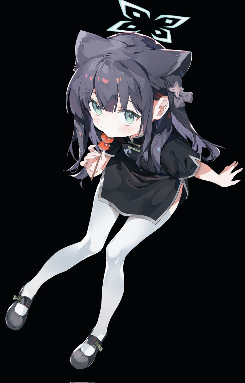 1girl animal_ears b_zhan_cm_yang black_background black_dress black_footwear black_hair blue_archive child commentary dango dress extra_ears food full_body green_eyes green_halo halo highres holding holding_food holding_skewer looking_at_viewer mary_janes shoes short_sleeves shun_(blue_archive) shun_(small)_(blue_archive) simple_background skewer solo thighhighs tiger_ears tiger_girl wagashi white_thighhighs