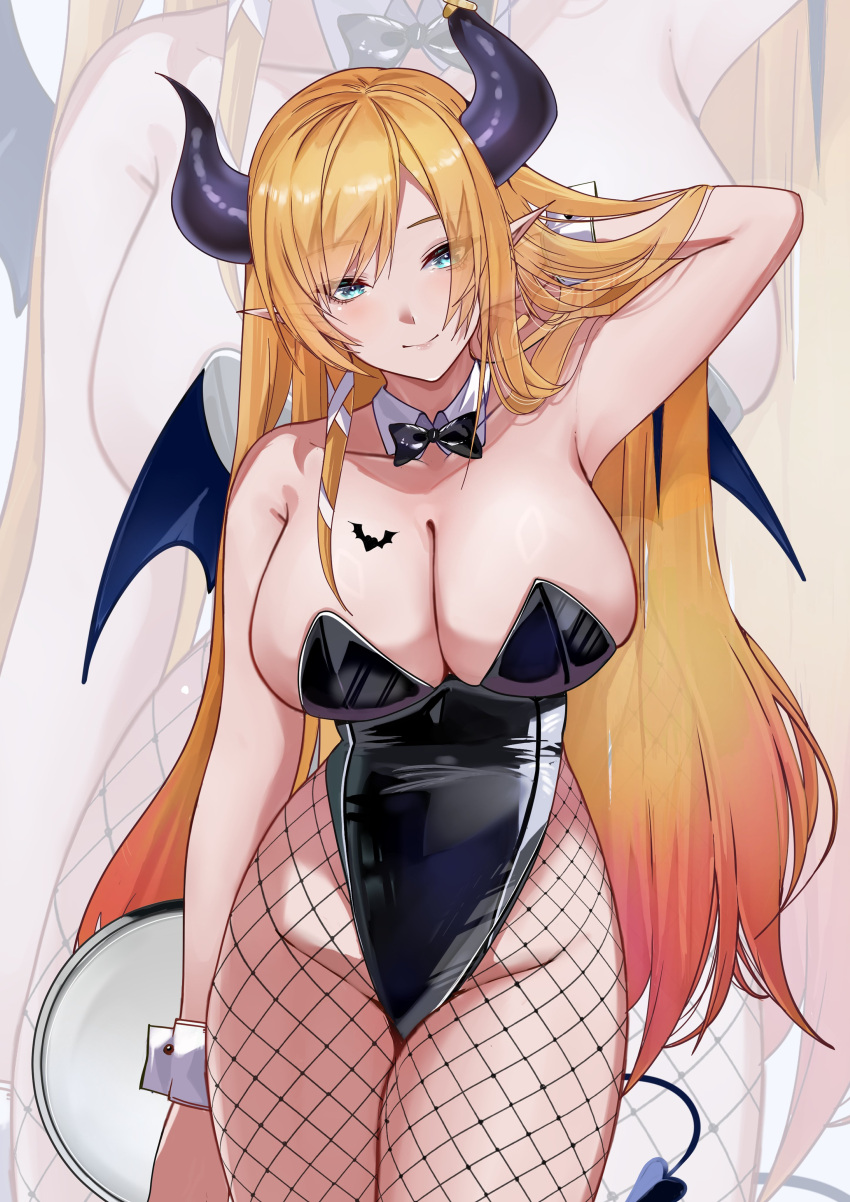 1girl absurdres alternate_costume arm_at_side arm_behind_head black_bow black_bowtie black_horns black_leotard black_tail black_wings blonde_hair blue_eyes bow bowtie breast_tattoo breasts closed_mouth commentary_request cowboy_shot demon_girl demon_horns demon_tail demon_wings detached_collar fishnet_pantyhose fishnets hand_in_own_hair highleg highleg_leotard highres holding holding_tray hololive horn_ornament horn_ring horns large_breasts leotard light_blush long_hair looking_at_viewer pantyhose playboy_bunny pointy_ears smile standing strapless strapless_leotard swept_bangs tail tattoo tomo0843 traditional_bowtie tray very_long_hair virtual_youtuber white_wrist_cuffs winged_heart wings wrist_cuffs yuzuki_choco zoom_layer