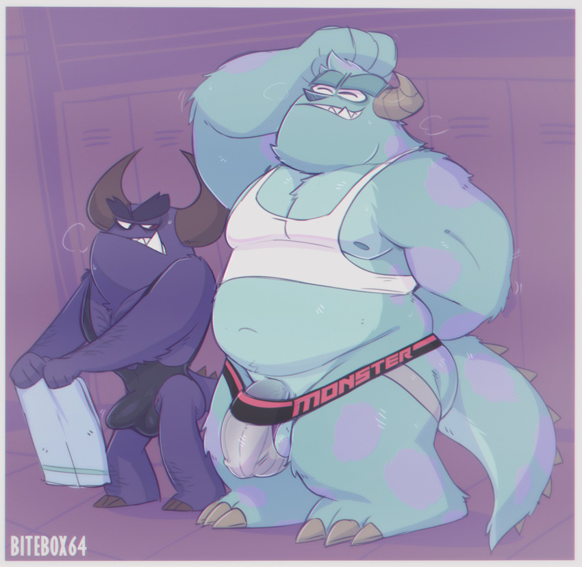 anthro bitebox64 bulge clothing disney duo hi_res jockstrap johnny_worthington locker_room male monster monsters_inc pixar sulley underwear wrestling_singlet